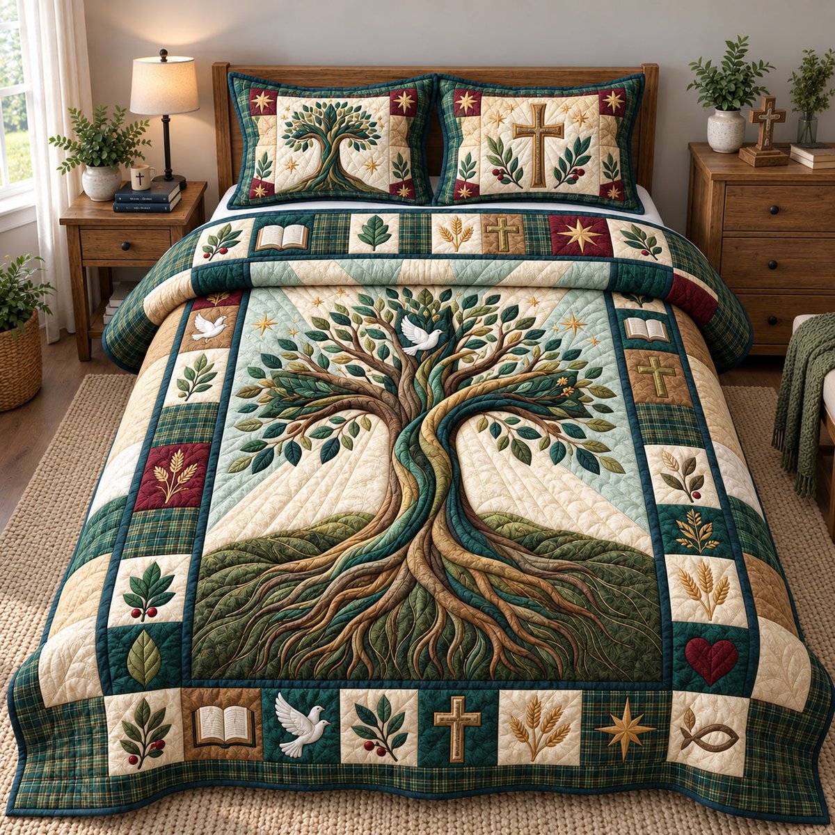 Tree of Faith 3 Piece Quilted Bedding Set Gift For Christians