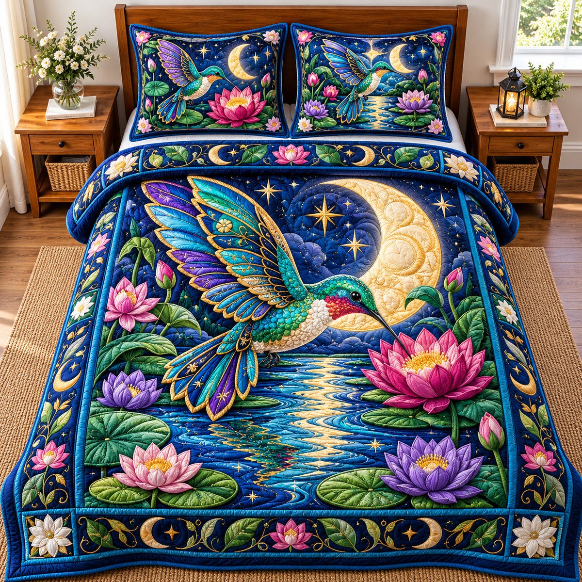 Hummingbird Lotus Lagoon 3 Piece Quilted Bedding Set Gift For Bird Lovers