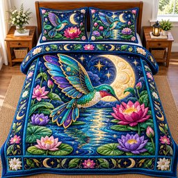 Hummingbird Lotus Lagoon 3 Piece Quilted Bedding Set Gift For Bird Lovers