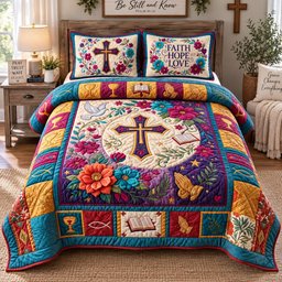 Faith Hope Love Flowers 3 Piece Quilted Bedding Set Gift For Christians