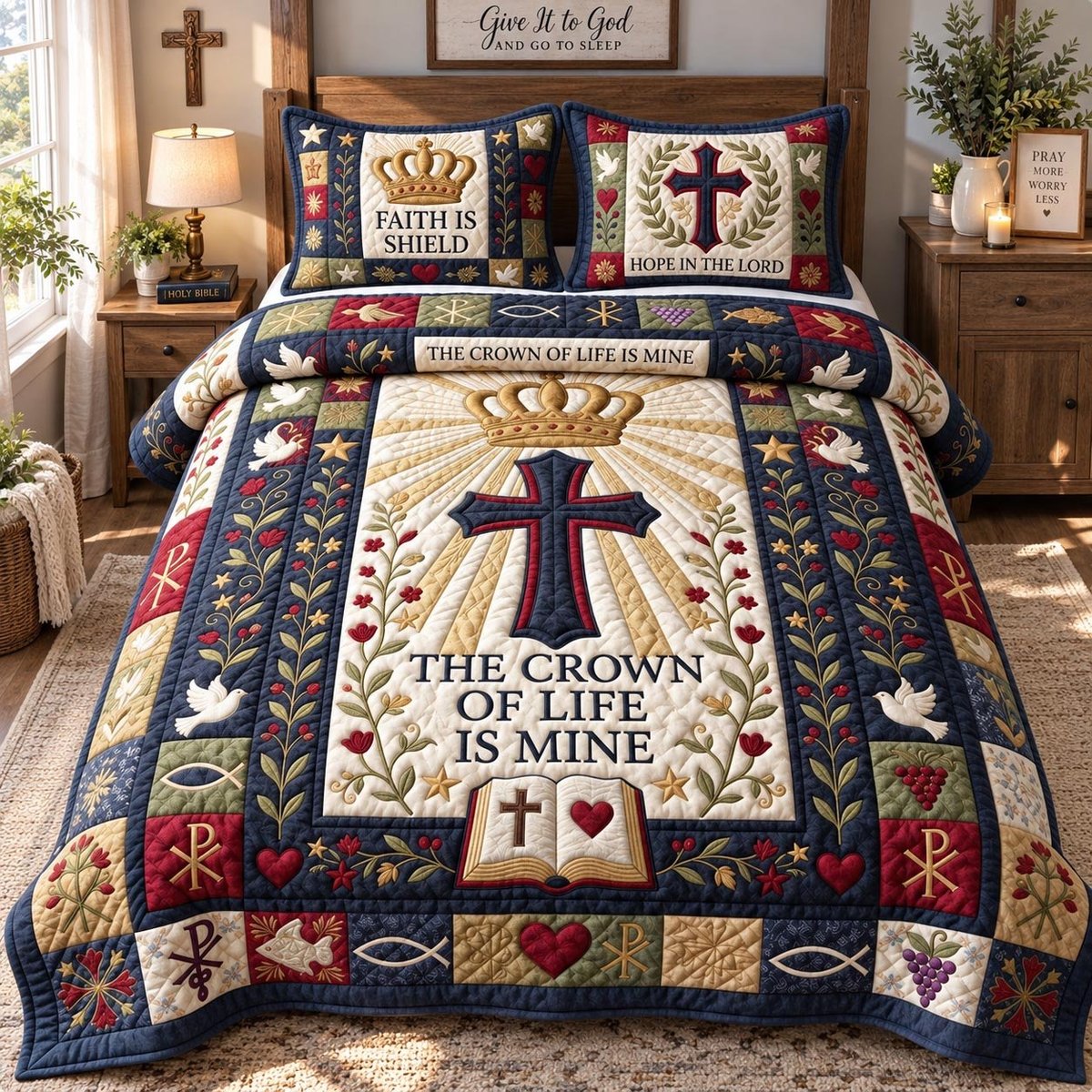 Crown of Life Faith 3 Piece Quilted Bedding Set Gift For Christians