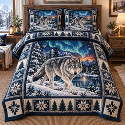 Aurora Night Wolf 3 Piece Quilted Bedding Set Gift For Wolf Lovers