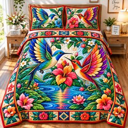 Twin Hummingbird Jeweled Dance 3 Piece Quilted Bedding Set Gift For Bird Lovers