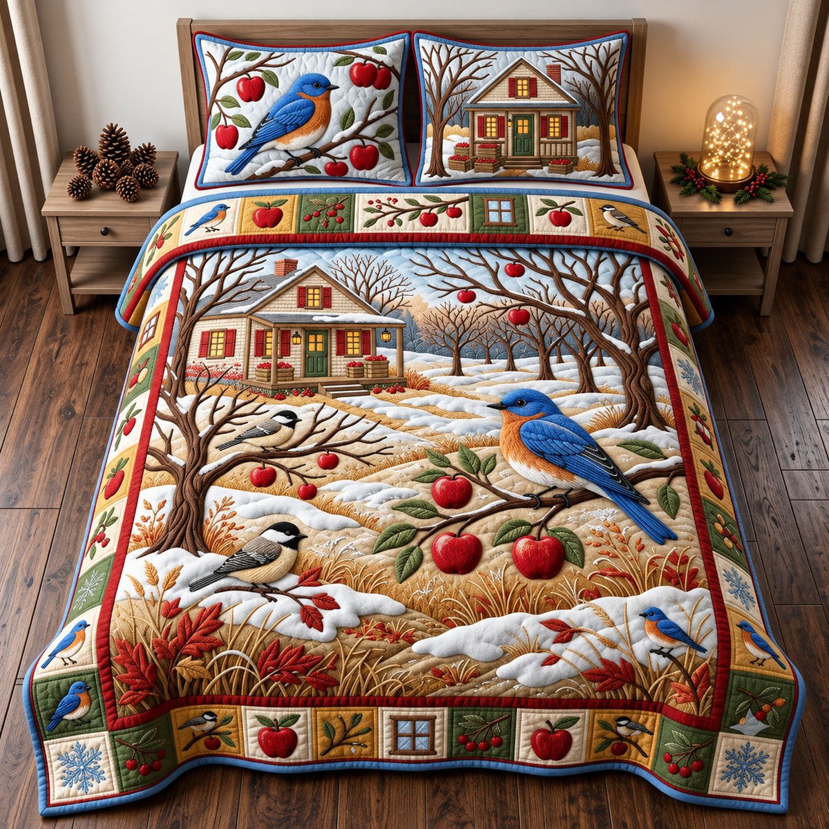 Cardinal Orchard 3 Piece Quilted Bedding Set Gift For Bird Lovers