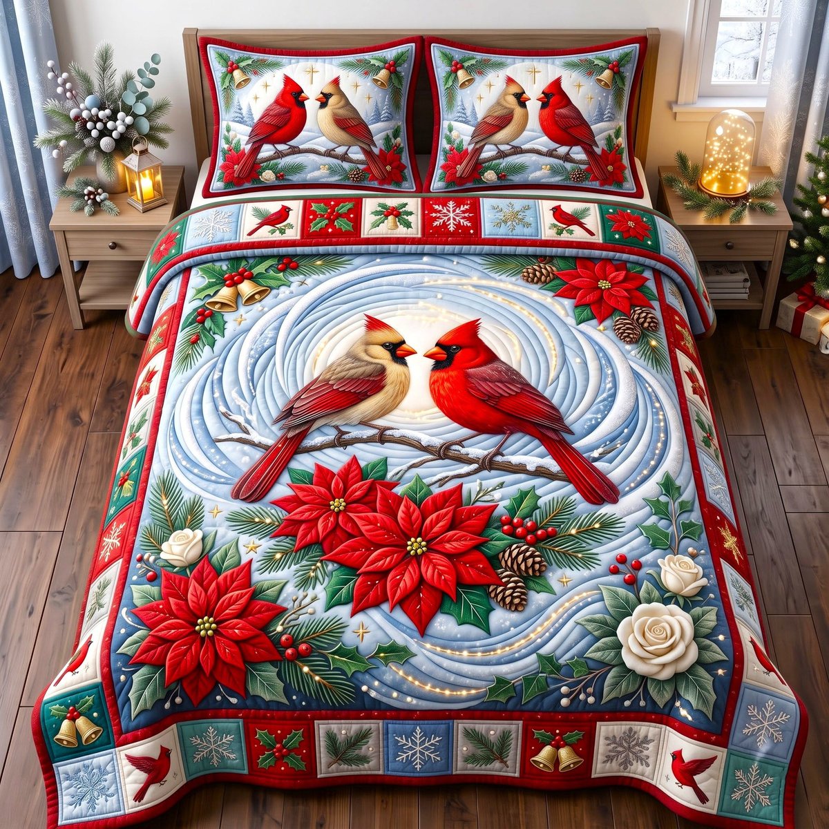 Red Cardinal 3 Piece Quilted Bedding Set Gift For Bird Lovers