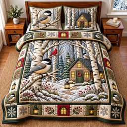 Winter Cardinal 3 Piece Quilted Bedding Set Christmas Gift For Bird Lovers