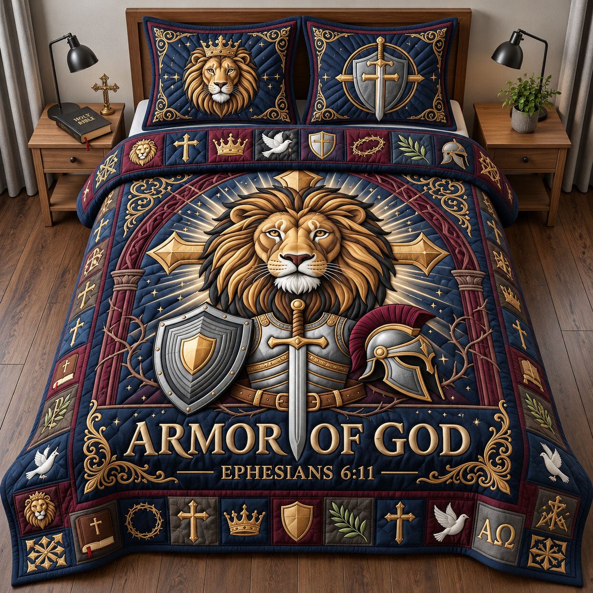 Armor of God Christian 3 Piece Quilted Bedding Set Gift For Christians