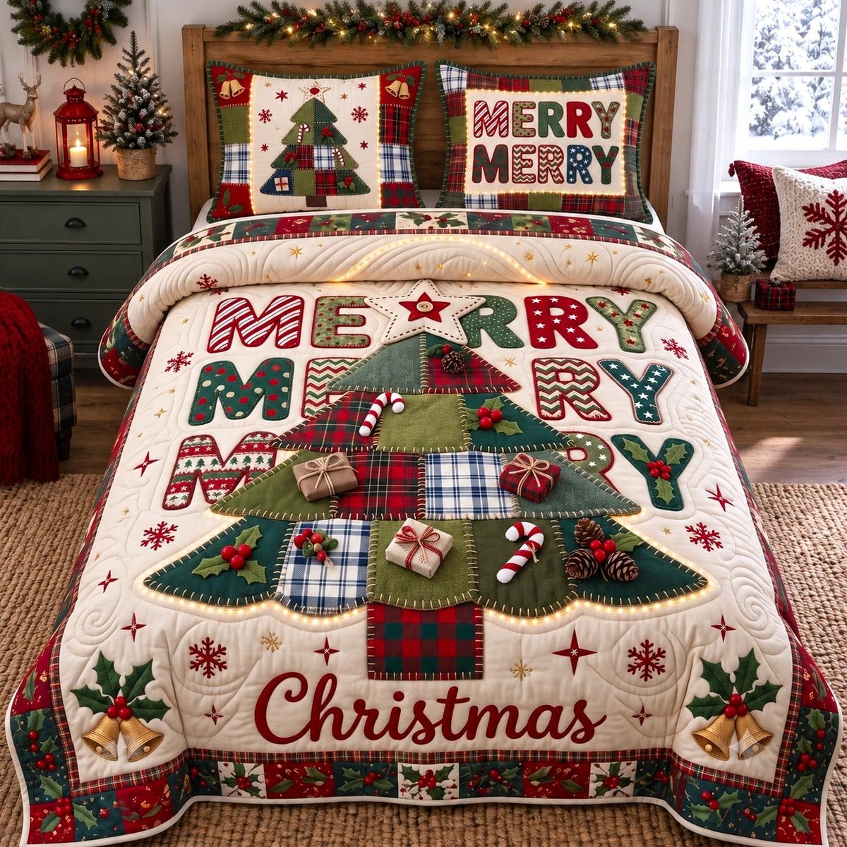 Patchwork Tree 3 Piece Quilted Bedding Set Christmas Gift For Holiday Decor Lovers