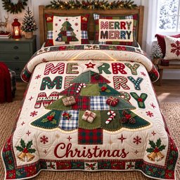 Patchwork Tree 3 Piece Quilted Bedding Set Christmas Gift For Holiday Decor Lovers