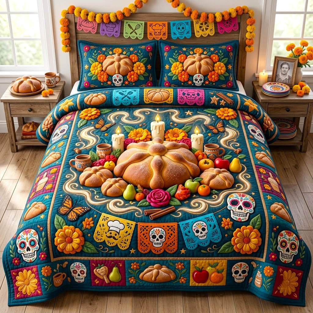 Día De Muertos Skull 3 Piece Quilted Bedding Set Gift For Flower Lovers