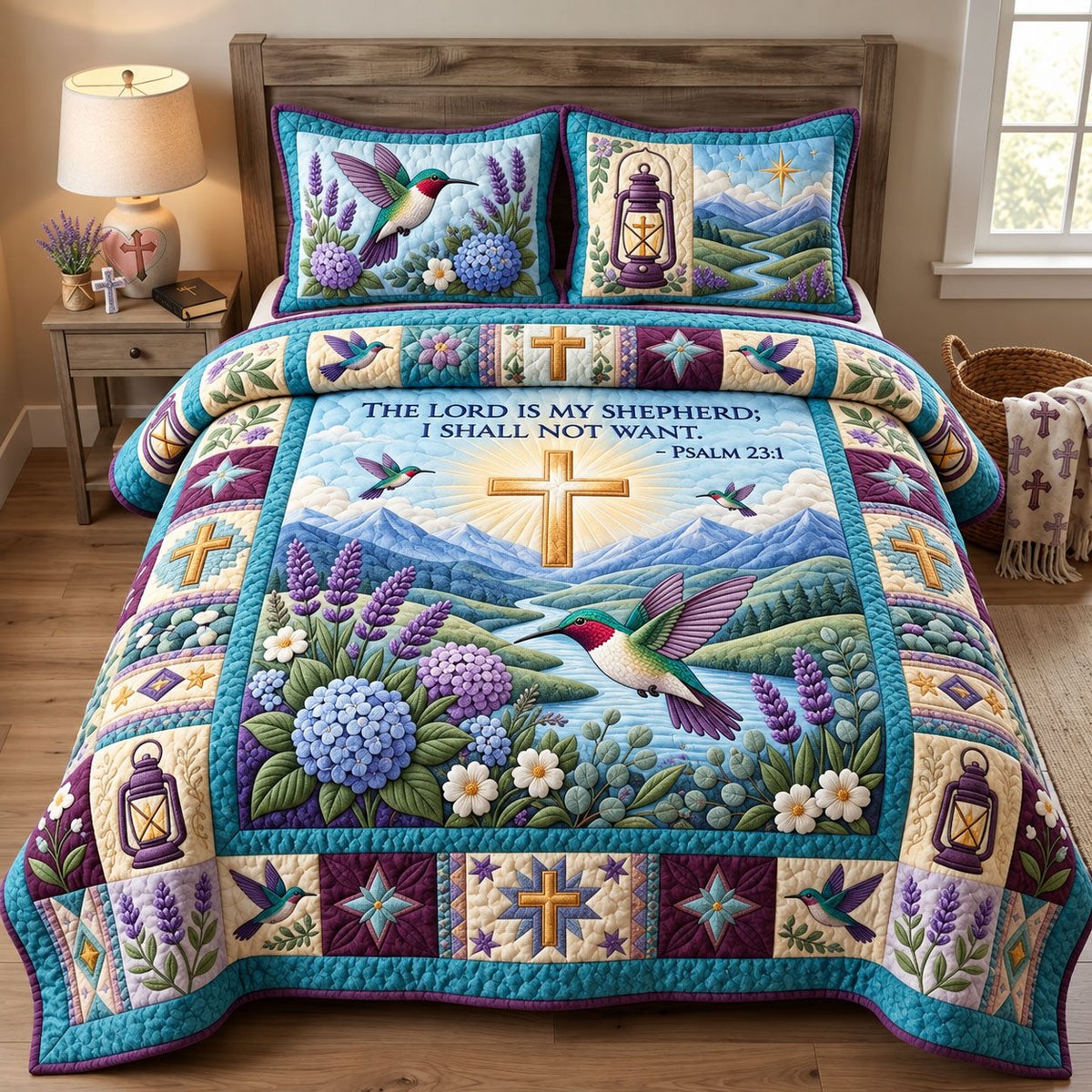The Lord Is My Shepherd 3 Piece Quilted Bedding Set Gift For Christians