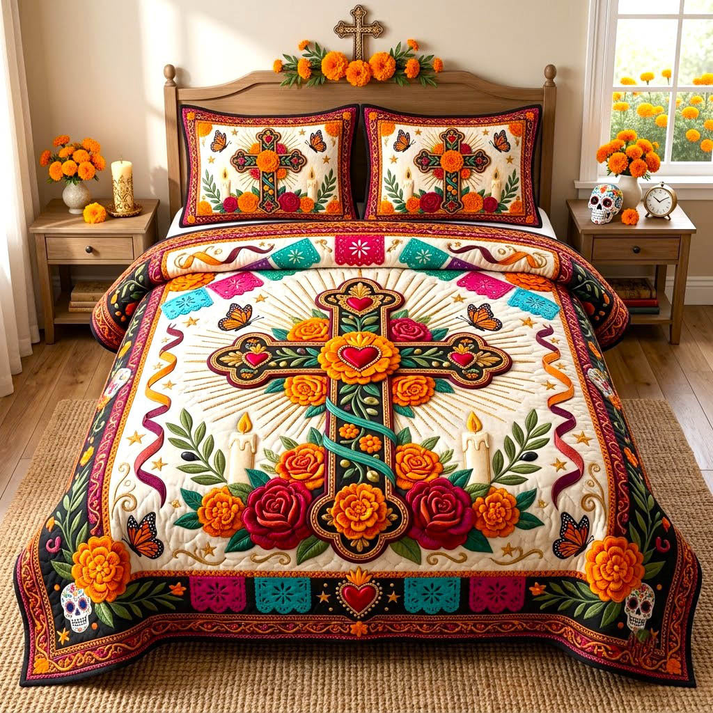Día De Muertos Skull 3 Piece Quilted Bedding Set Gift For Flower Lovers