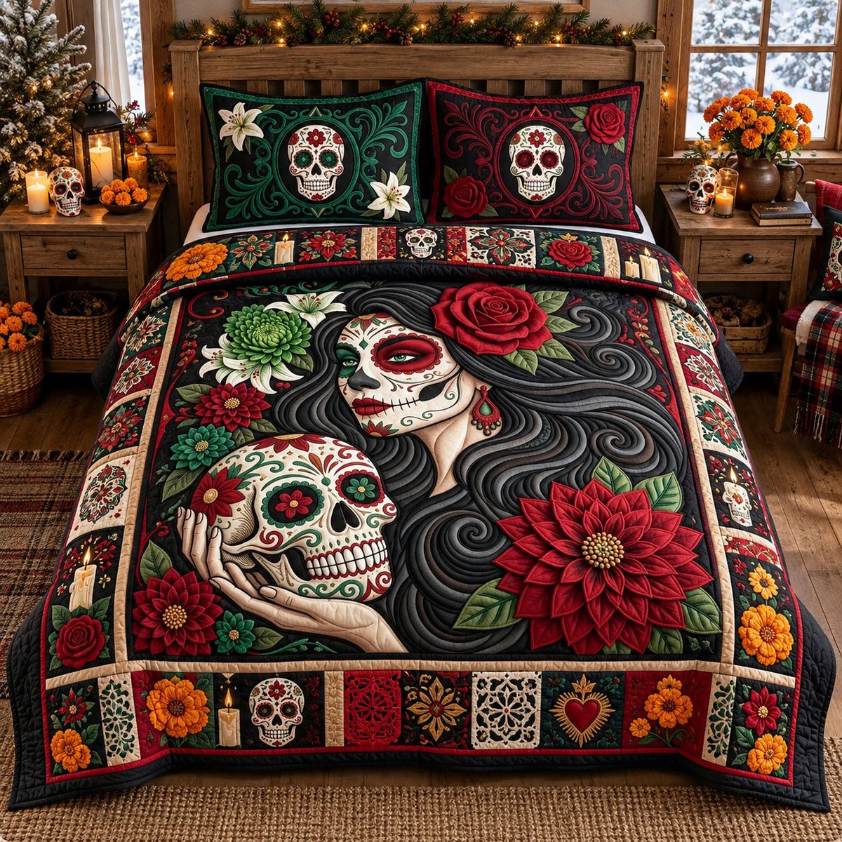 Sugar Skull La Catrina 3 Piece Quilted Bedding Set Gift For Gothic Decor Lovers