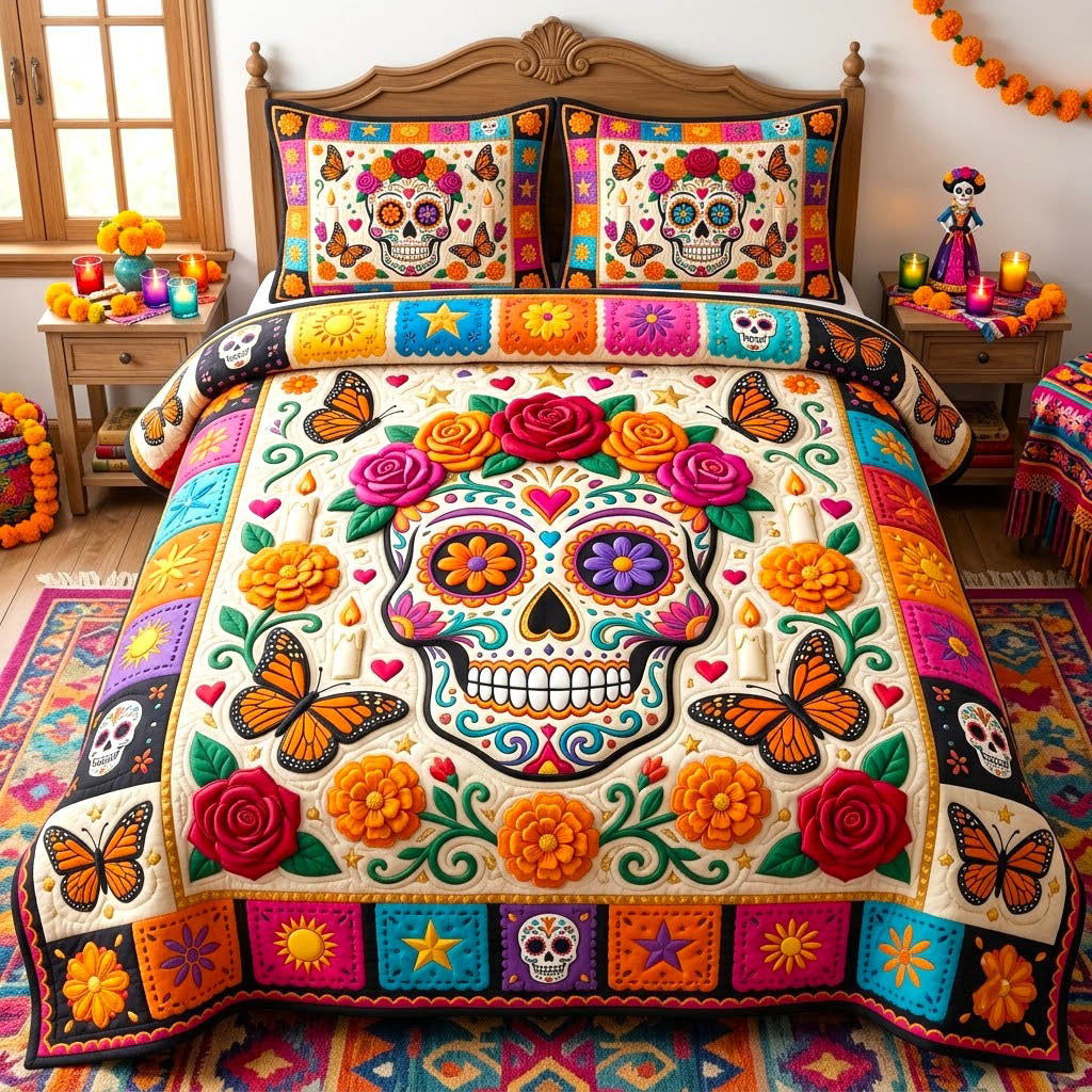 Día De Muertos Skull 3 Piece Quilted Bedding Set Gift For Flower Lovers