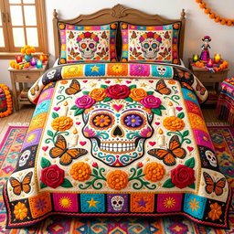 Día De Muertos Skull 3 Piece Quilted Bedding Set Gift For Flower Lovers