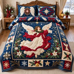 Holly Wreath Red Angel 3 Piece Quilted Bedding Set Gift For Holiday Decor Lovers
