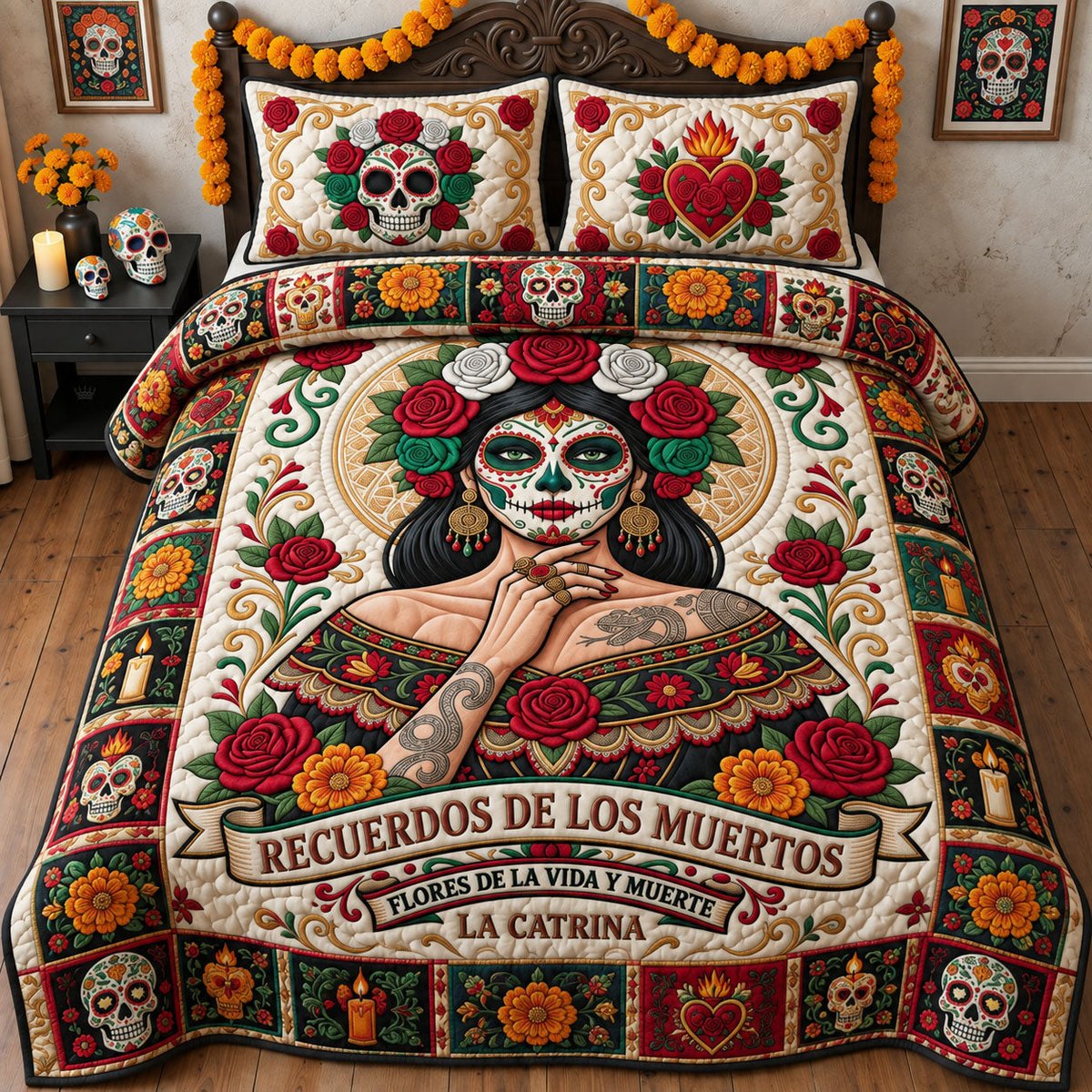 La Catrina Skull 3 Piece Quilted Bedding Set Gift For Gothic Decor Lovers