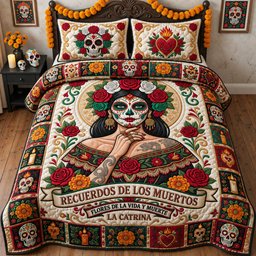 La Catrina Skull 3 Piece Quilted Bedding Set Gift For Gothic Decor Lovers