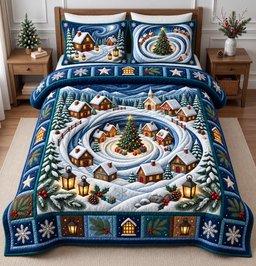 Village 3 Piece Quilted Bedding Set Christmas Gift For Holiday Decor Lovers