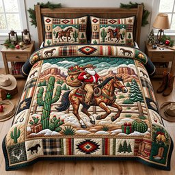 Cowboy Santa 3 Piece Quilted Bedding Set Christmas Gift For Western Lovers