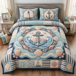 Nautical Anchor 3 Piece Quilted Bedding Set Gift For Beach Lovers