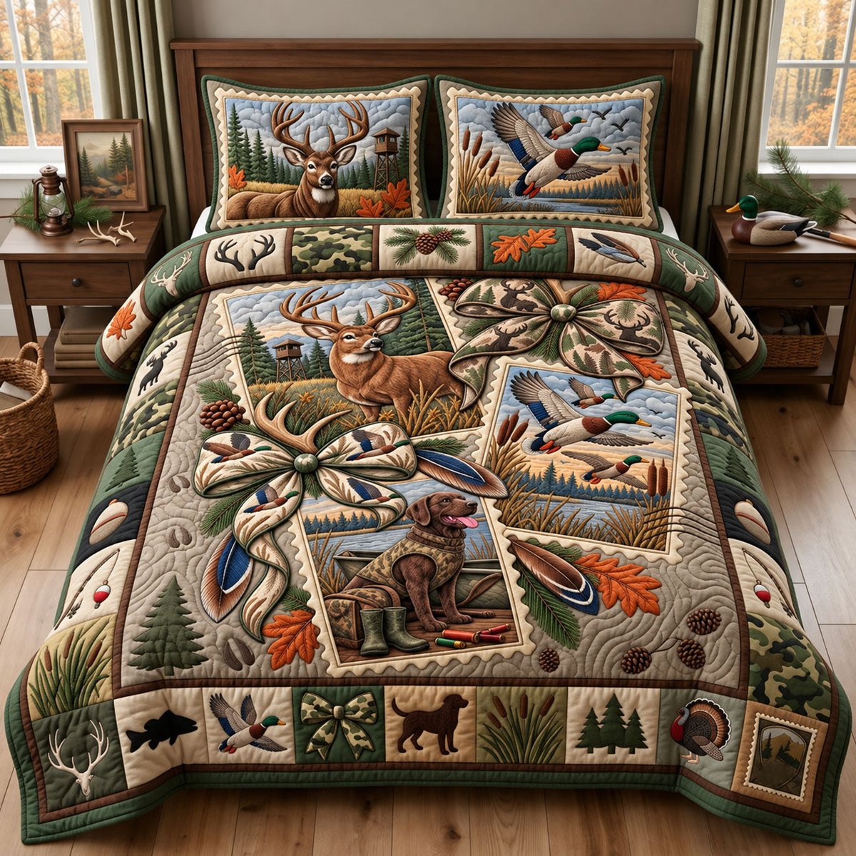 Hunting Postage Stamp Deer 3 Piece Quilted Bedding Set Gift For Hunters