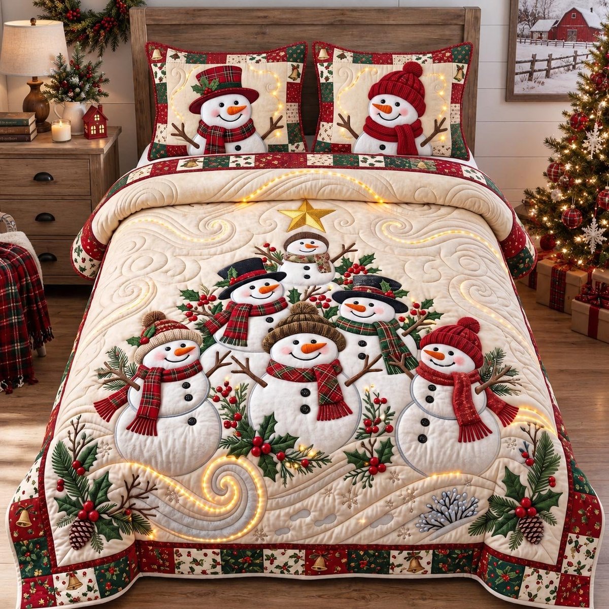 Snowman Tree 3 Piece Quilted Bedding Set Gift For Holiday Decor Lovers