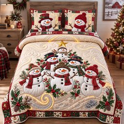 Snowman Tree 3 Piece Quilted Bedding Set Gift For Holiday Decor Lovers