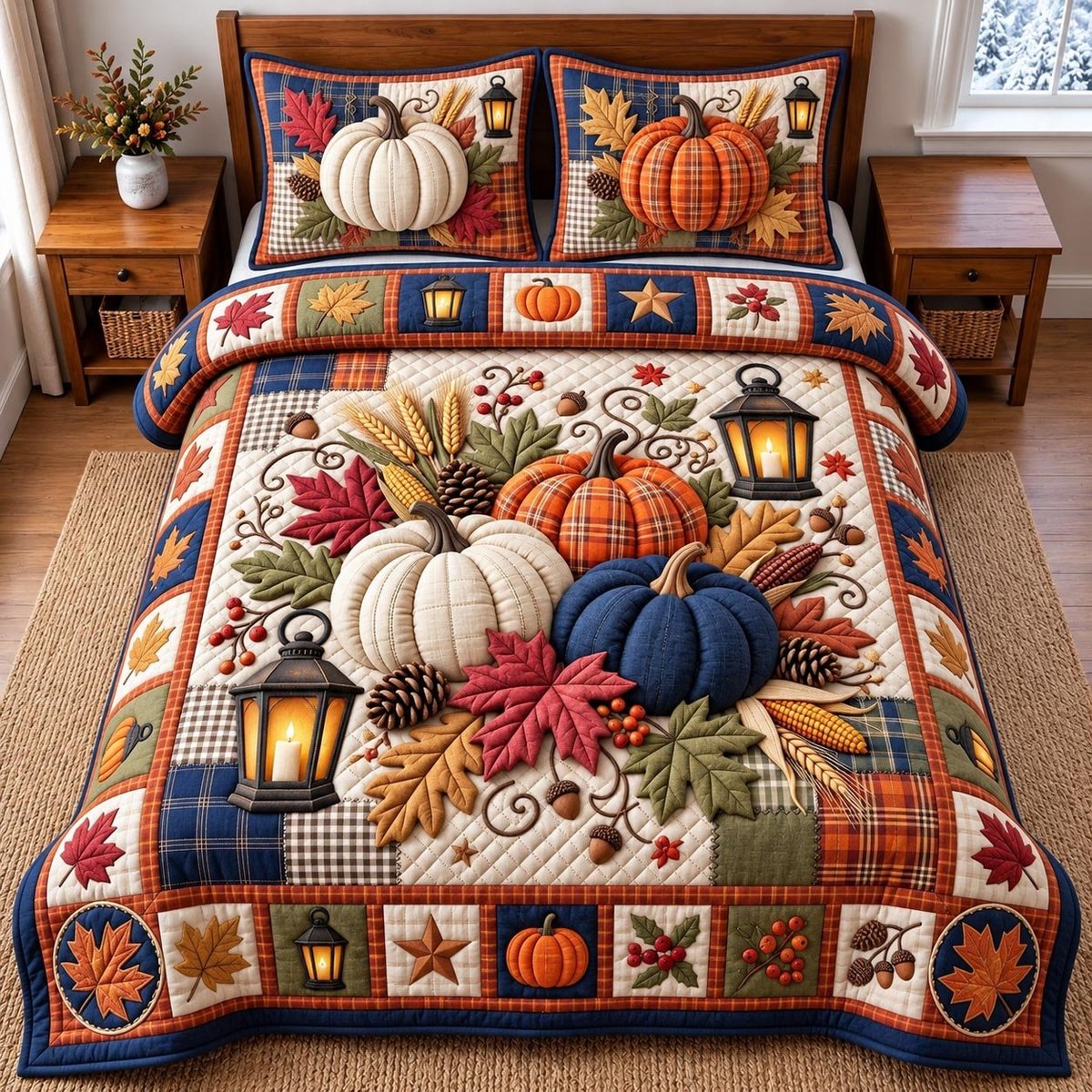 Harvest Pumpkin Patchwork 3 Piece Quilted Bedding Set Halloween Gift For Gothic Decor Lovers