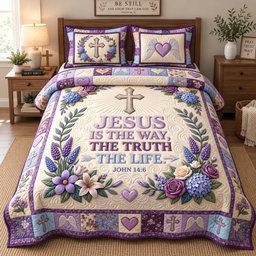 Purple Floral Grace 3 Piece Quilted Bedding Set Gift For Flower Lovers