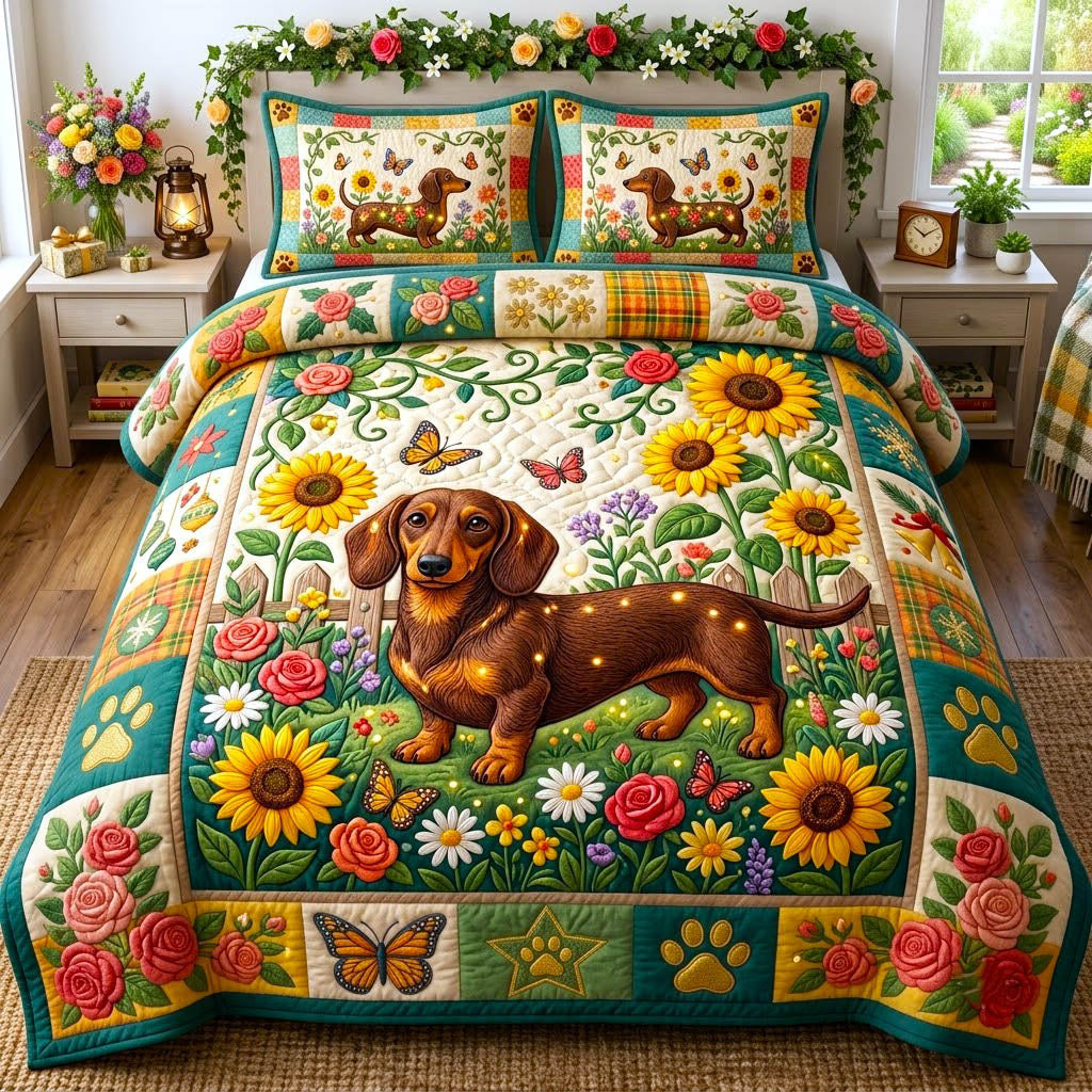 Dachshund Lover Dog 3 Piece Quilted Bedding Set Gift For Dog Lovers