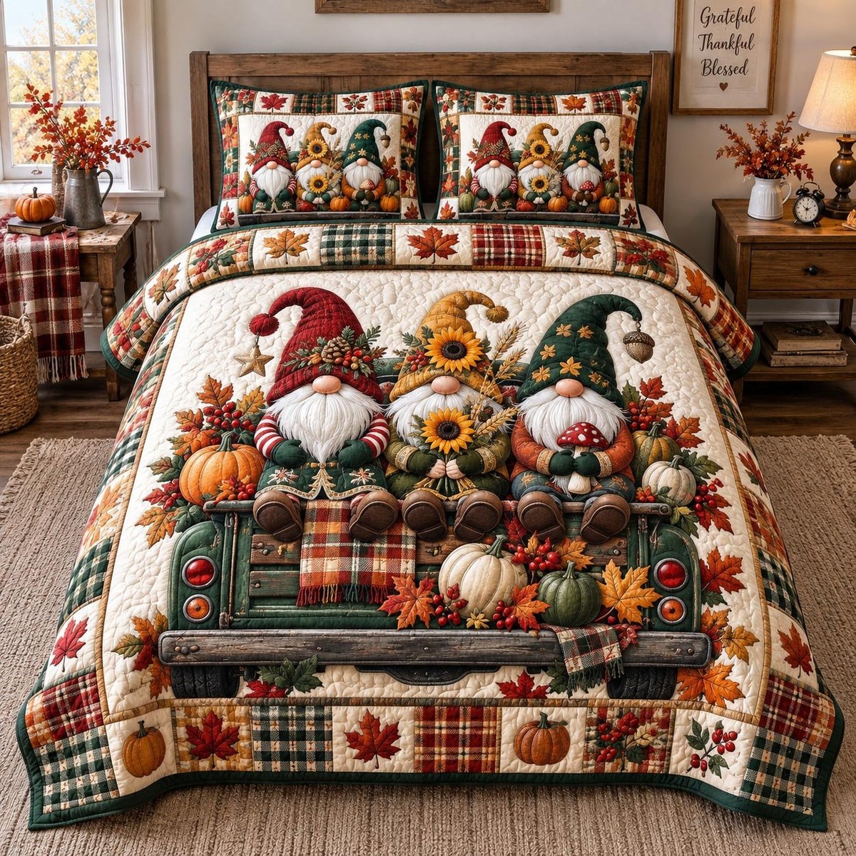 Autumn Harvest Gnomes 3 Piece Quilted Bedding Set Gift For Holiday Decor Lovers