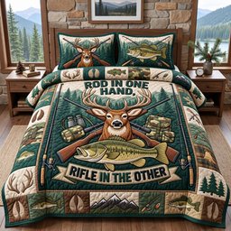 Hunting Fishing 3 Piece Quilted Bedding Set Gift For Hunters