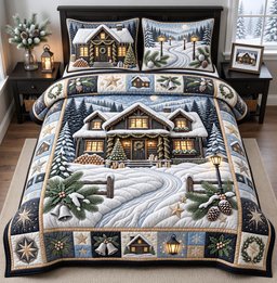 Snowy Cabin 3 Piece Quilted Bedding Set Gift For Holiday Decor Lovers