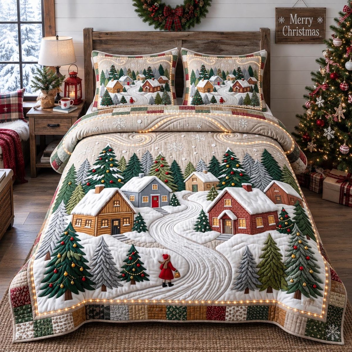 Winter Village 3 Piece Quilted Bedding Set Christmas Gift For Holiday Decor Lovers