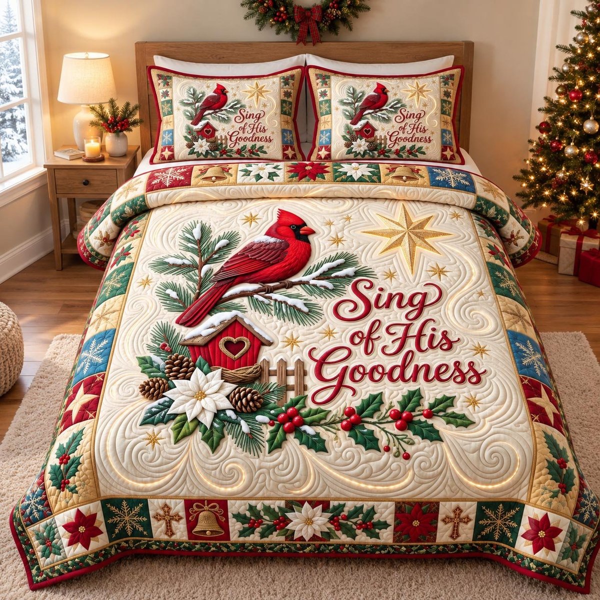 Sing His Goodness Cardinal 3 Piece Quilted Bedding Set Gift For Bird Lovers
