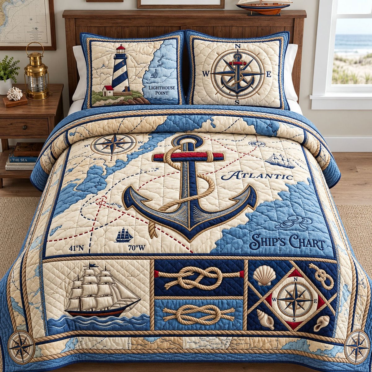 Ship Chart Beach 3 Piece Quilted Bedding Set Gift For Turtle Lovers