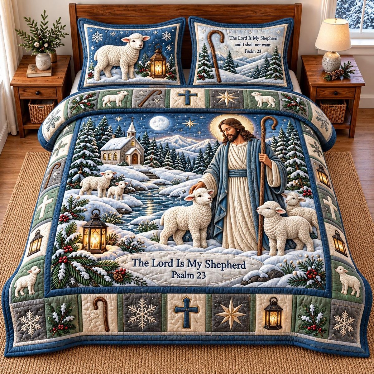 Good Shepherd Christian 3 Piece Quilted Bedding Set Gift For Christians
