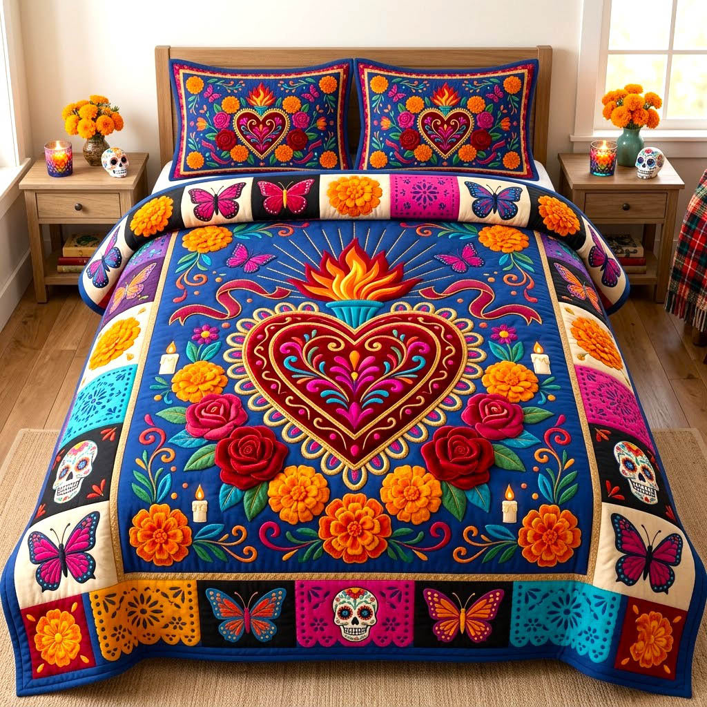 Día De Muertos Skull 3 Piece Quilted Bedding Set Gift For Flower Lovers