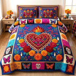 Día De Muertos Skull 3 Piece Quilted Bedding Set Gift For Flower Lovers