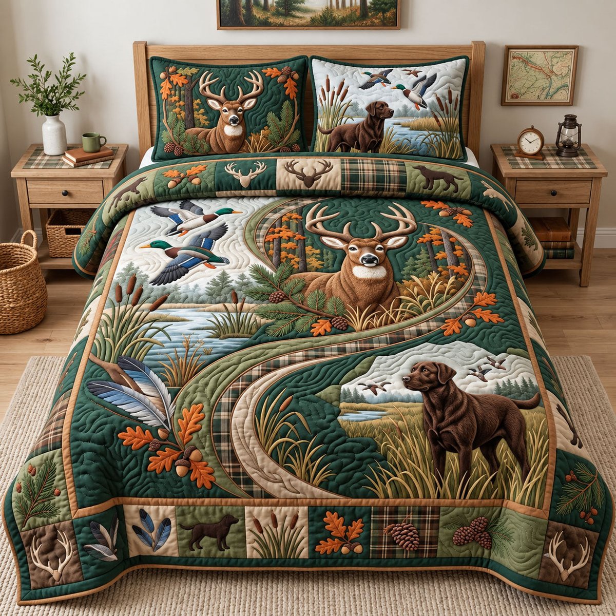 Hunting Season Deer 3 Piece Quilted Bedding Set Gift For Hunters