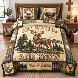 Golden Sunrise Buck Christian 3 Piece Quilted Bedding Set Gift For Hunters