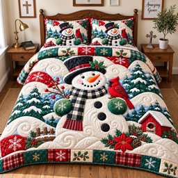 Snowman Cozy Winter 3 Piece Quilted Bedding Set Gift For Holiday Decor Lovers