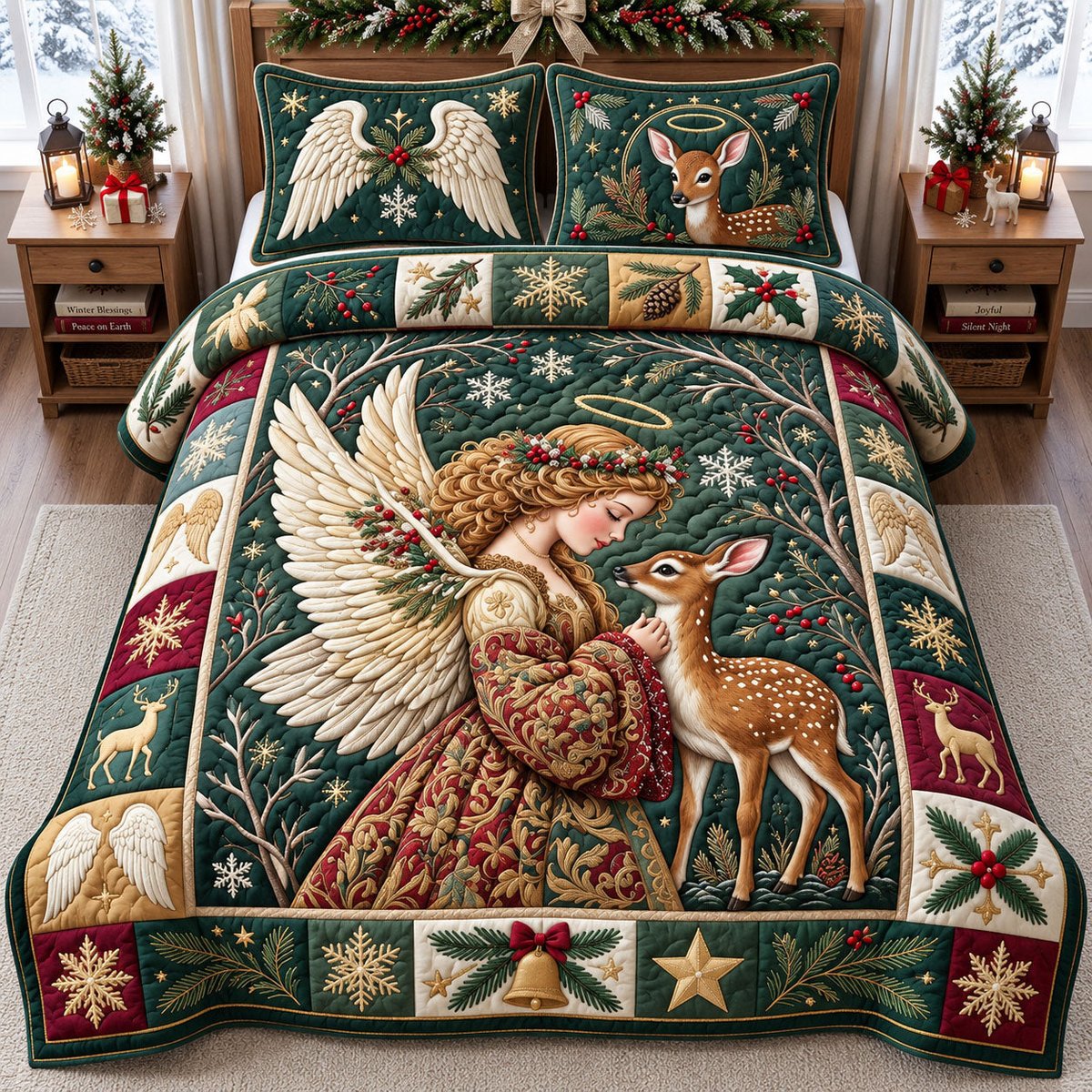 Angel and Deer 3 Piece Quilted Bedding Set Gift For Hunters