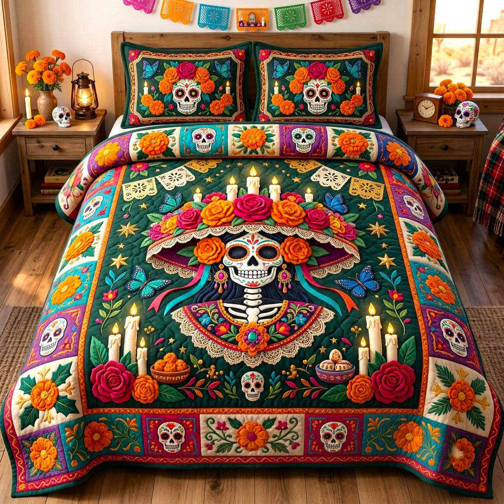Día De Muertos Skull 3 Piece Quilted Bedding Set Gift For Flower Lovers