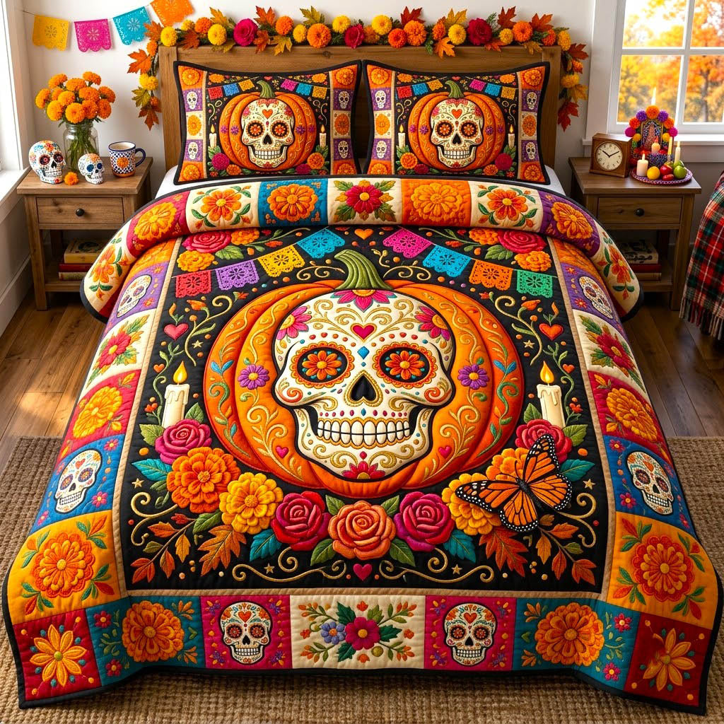 Día De Muertos Skull 3 Piece Quilted Bedding Set Gift For Flower Lovers