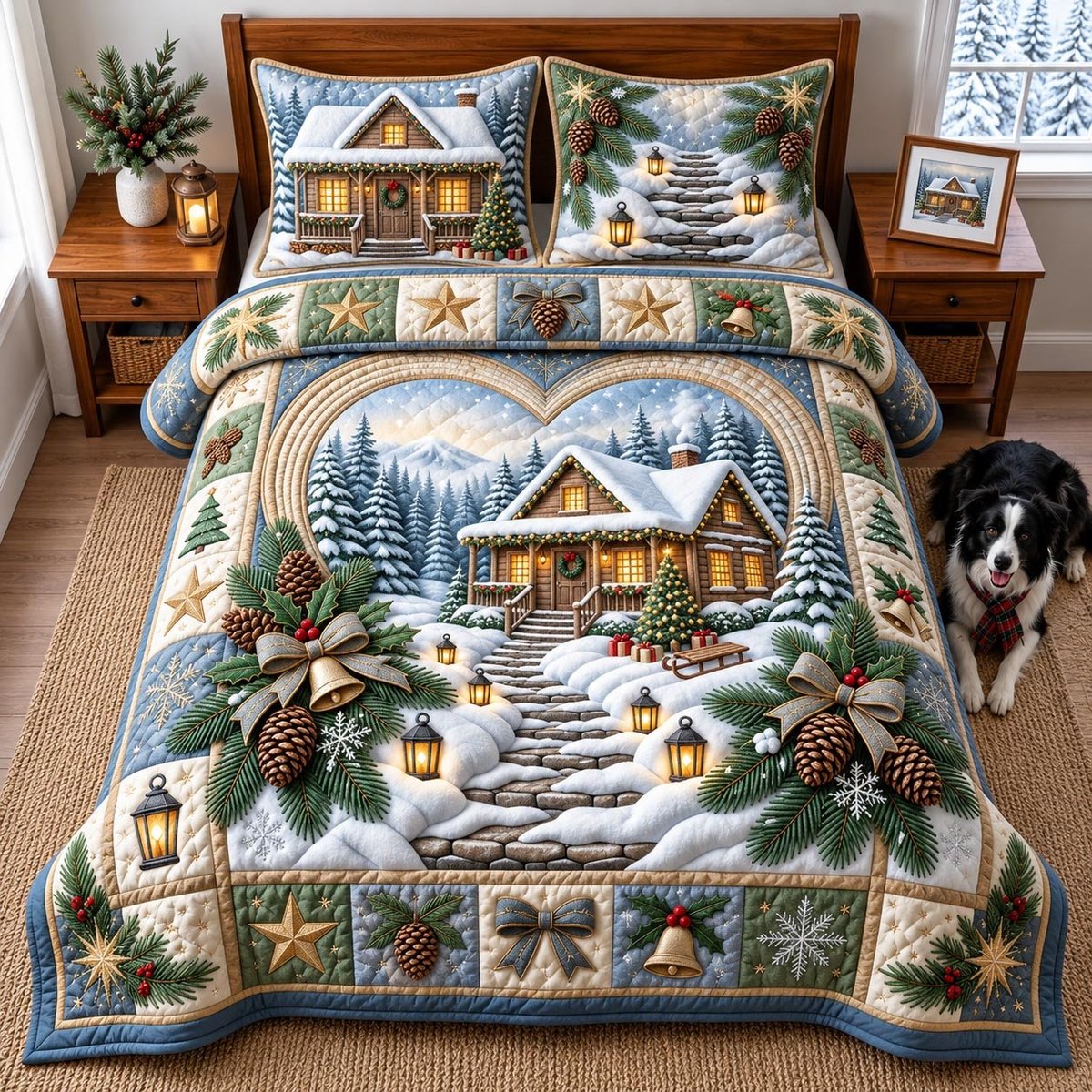Rustic Winter Cabin 3 Piece Quilted Bedding Set Christmas Gift For Holiday Decor Lovers