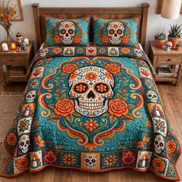 Sugar Skull Flower 3 Piece Quilted Bedding Set Gift For Flower Lovers