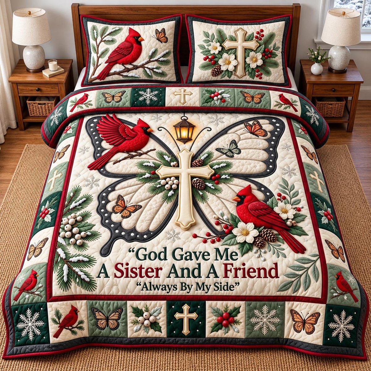 Cardinal Sister 3 Piece Quilted Bedding Set Gift For Bird Lovers