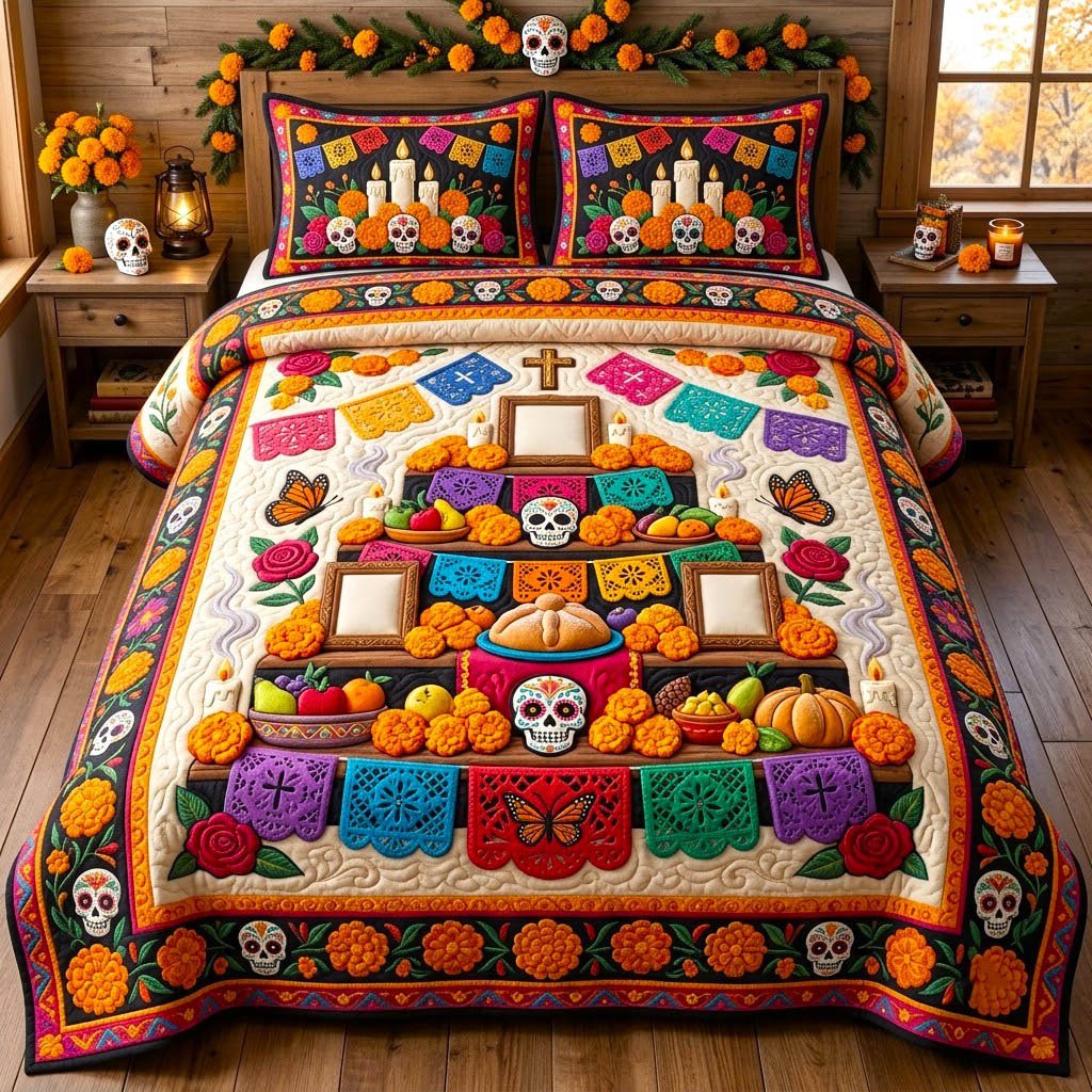 Día De Muertos Skull 3 Piece Quilted Bedding Set Gift For Flower Lovers